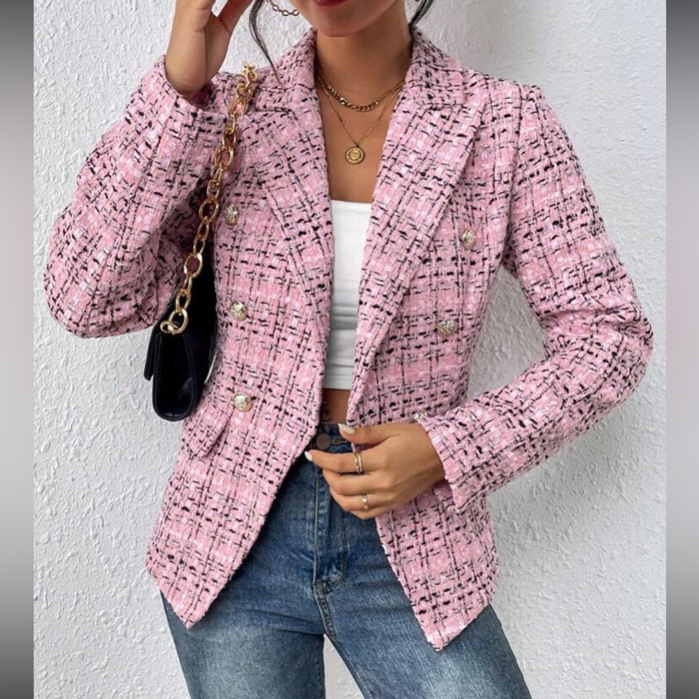 Luxe Plaid Tweed Button Down  Blazer Jacket Coat - Picture 2 of 15